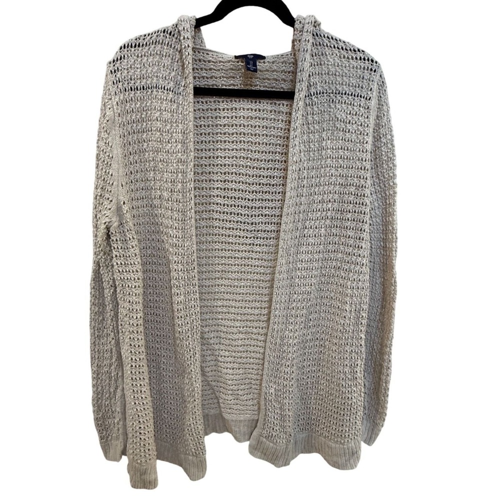 Gap Hooded Open Knit Cardigan Sweater Large Cream 100% Cotton Boho Beach CoverUp